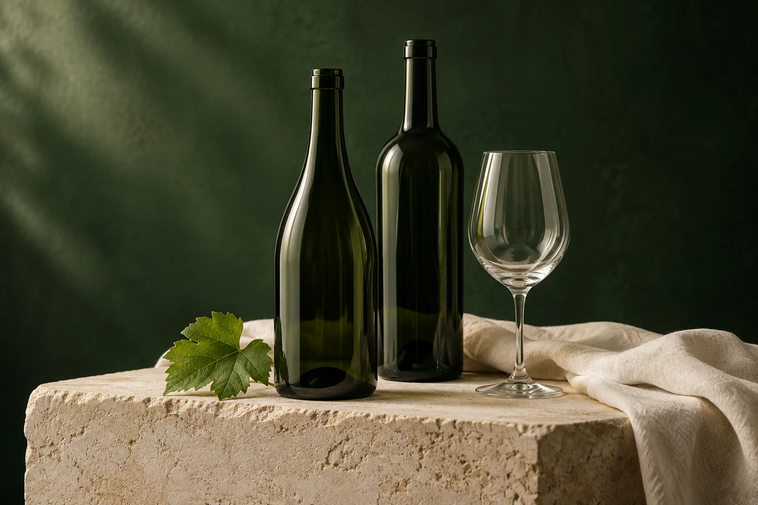 Nature morte : deux bouteilles de vin et un verre vide sur une pierre claire.